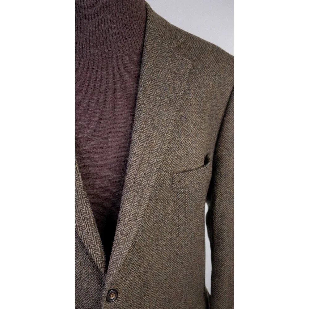 Tailorbyrd Fabric By MOON Herringbone Olive Green Blazer 48L Two Button Jacket